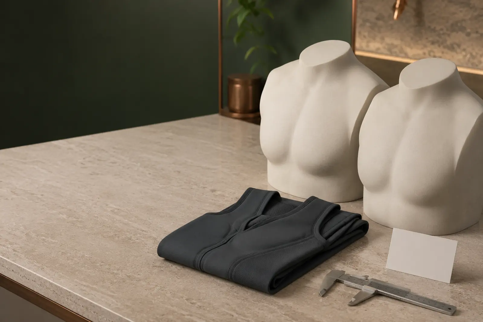 Male chest anatomy model, measuring tool and empty clinical tray illustrating planning for gynecomastia surgery