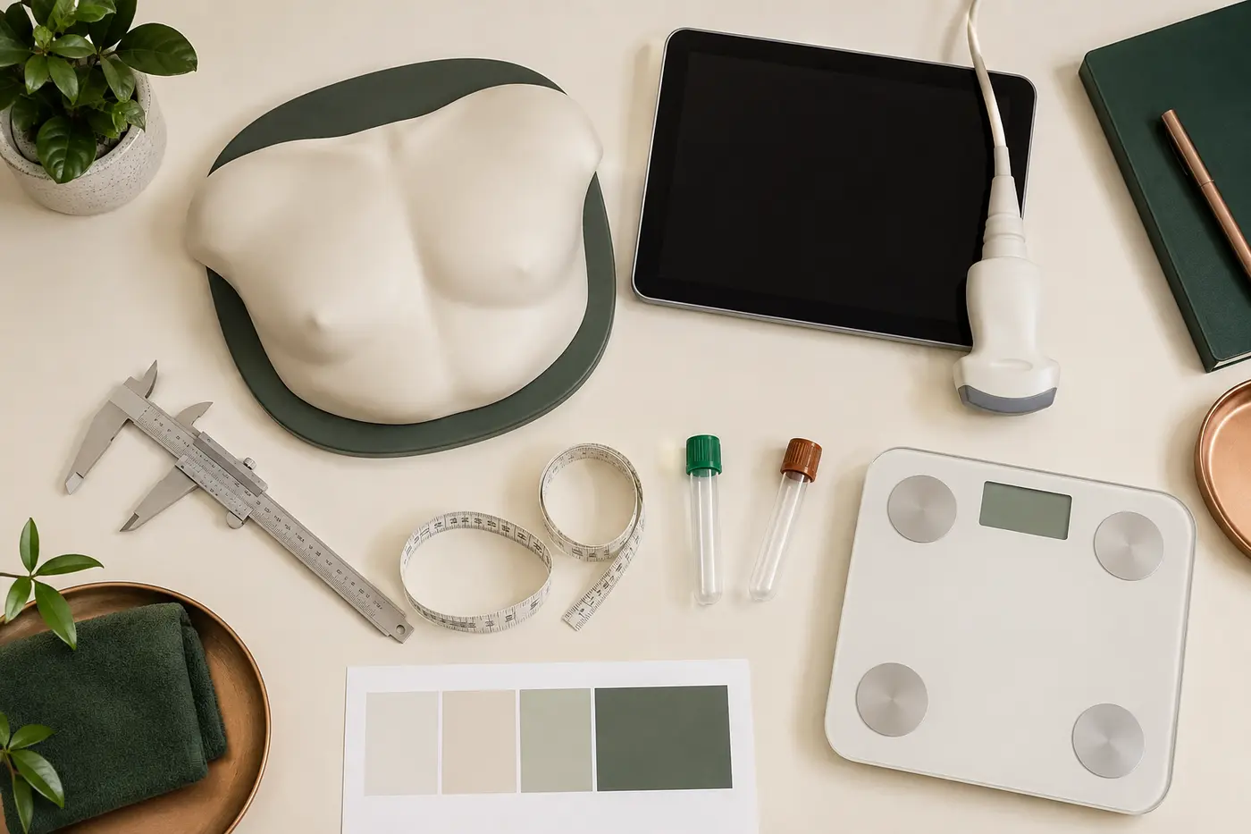Clinical desk illustrating gland, fat, medication history, measurements, ultrasound and laboratory assessment before gynecomastia surgery