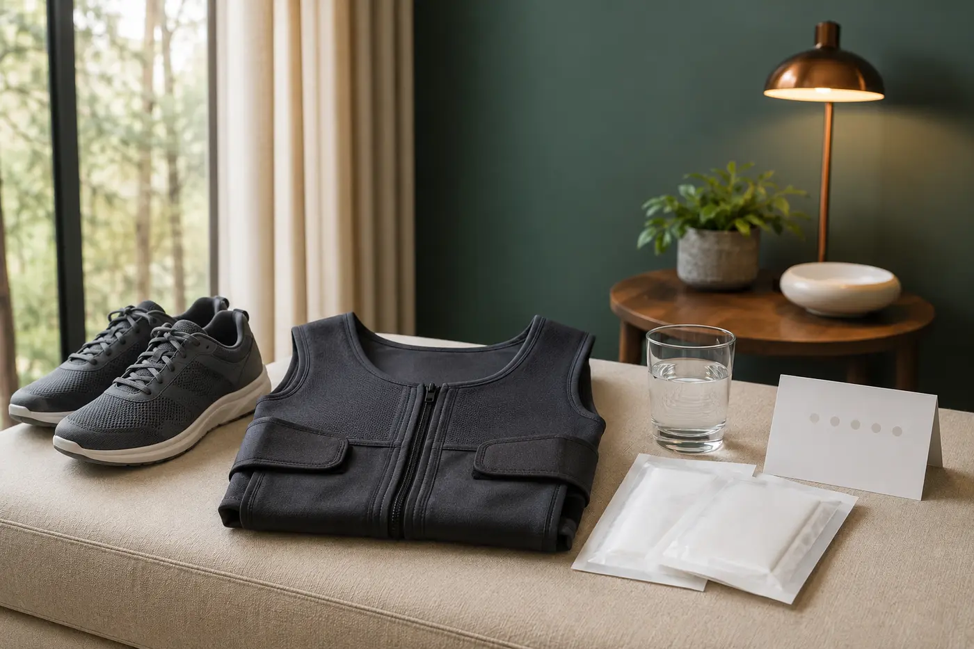 Compression vest, dressings, water, walking shoes and review card illustrating recovery after gynecomastia surgery