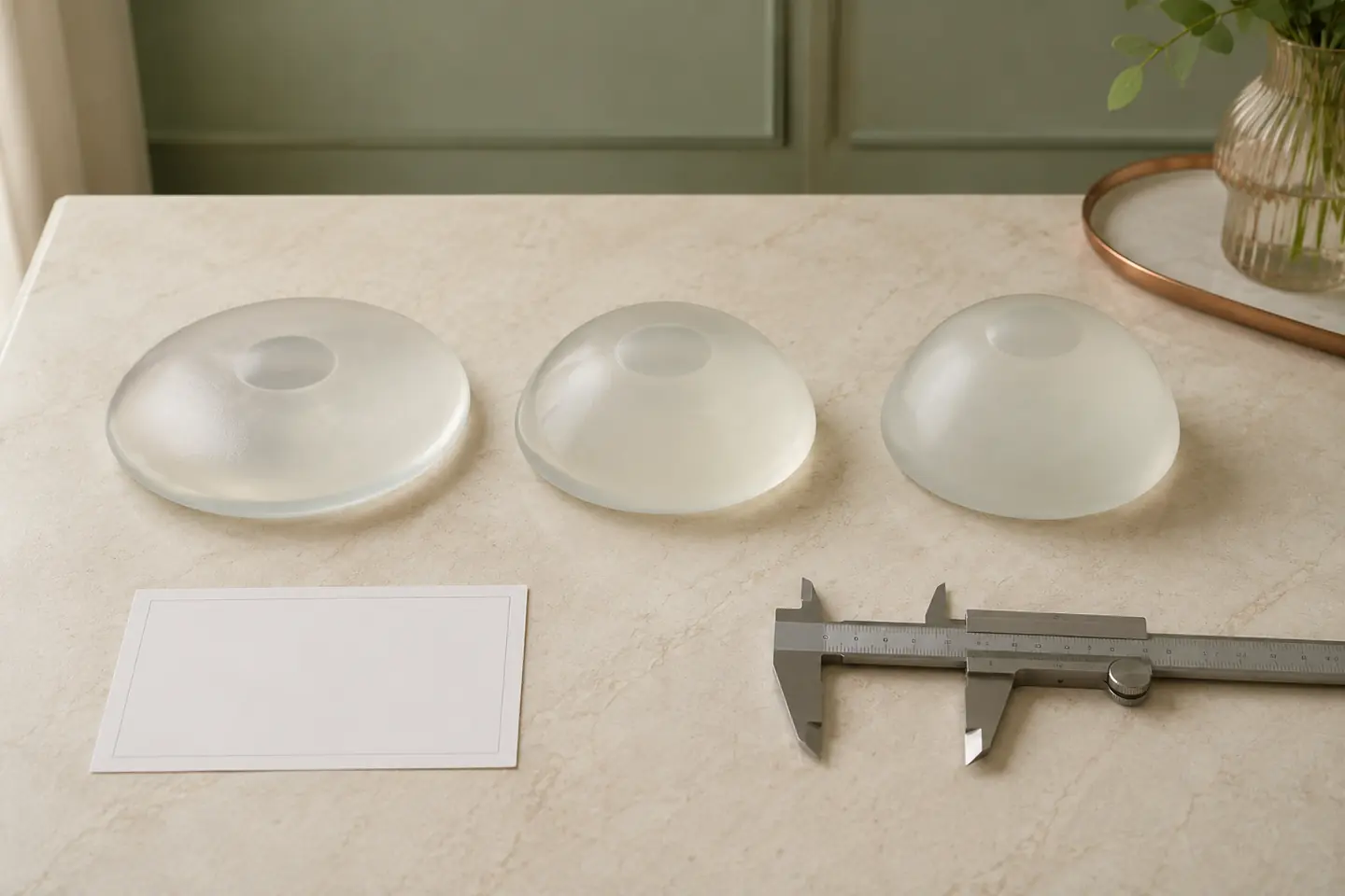 Three illustrative silicone breast implants with different base widths and profiles