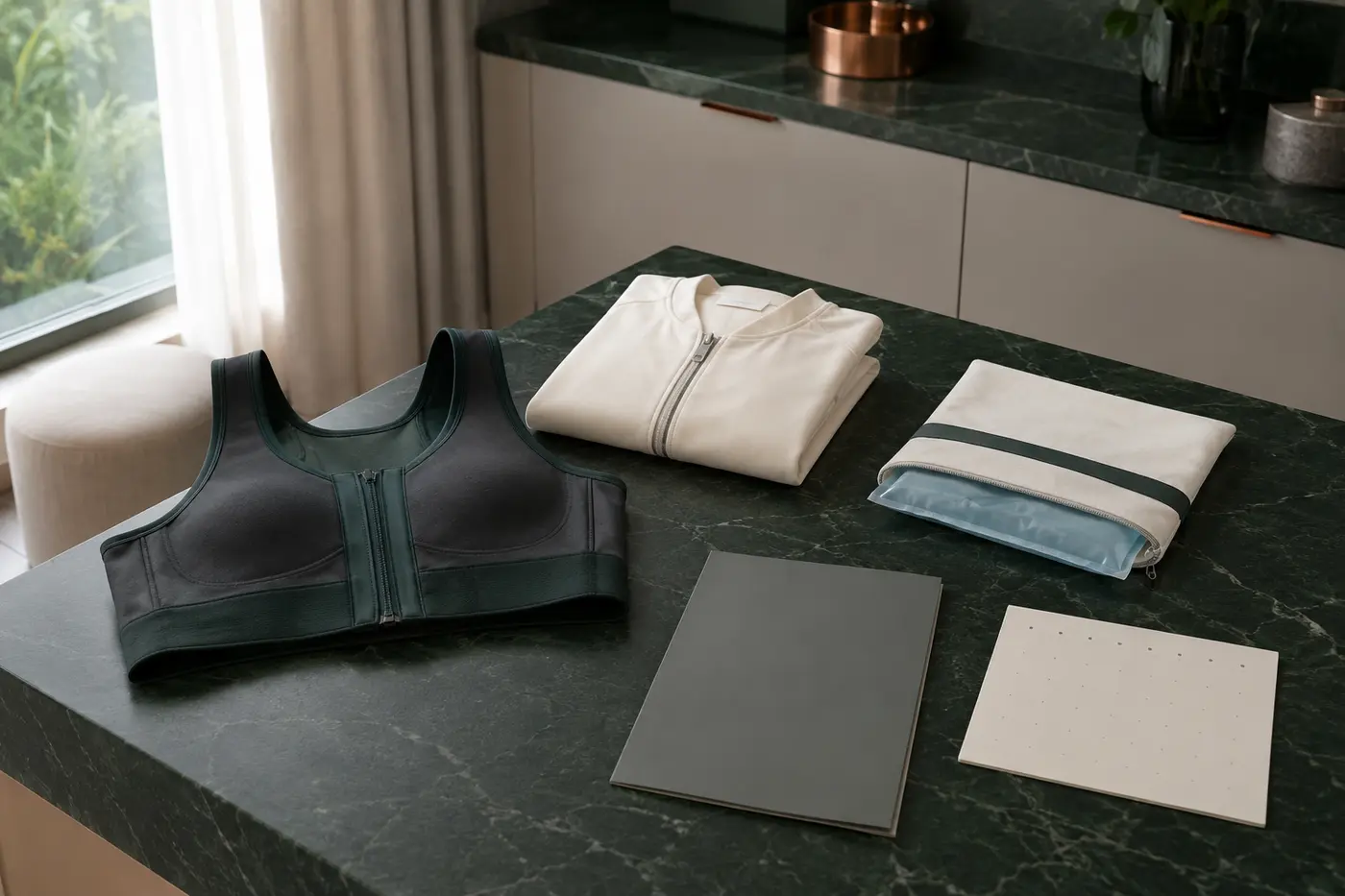 Support bra, comfortable clothing and review schedule illustrating recovery planning after breast reduction